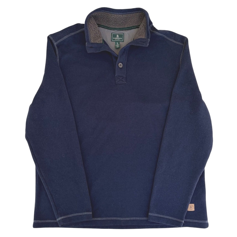 GH Bass Mens XL Navy Blue Fleece Lined Quarter Button Mock Neck Pullover Sweater